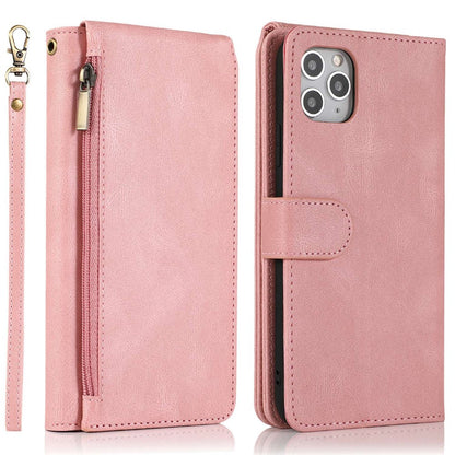 For iPhone 14 Pro Max 6.7 inch Outer Zipper Pocket Skin-touch Leather Case Wallet Stand Multiple Card Slots Phone Cover with Hand Strap
