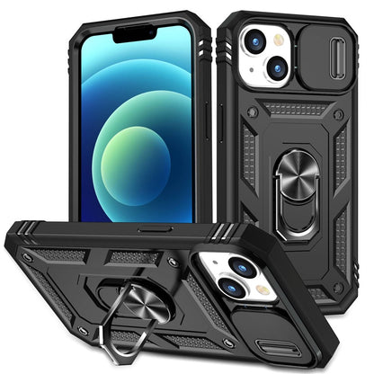 For iPhone 14 Plus Anti-fall PC+TPU Kickstand Function Phone Protector Sliding Camera Lens Cover Design Case with Card Slot