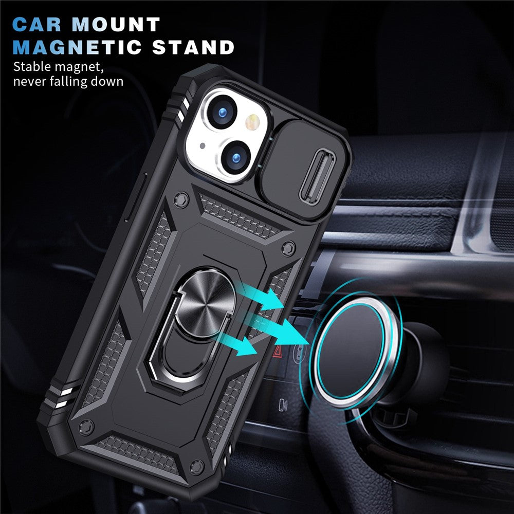 For iPhone 14 Plus Anti-fall PC+TPU Kickstand Function Phone Protector Sliding Camera Lens Cover Design Case with Card Slot
