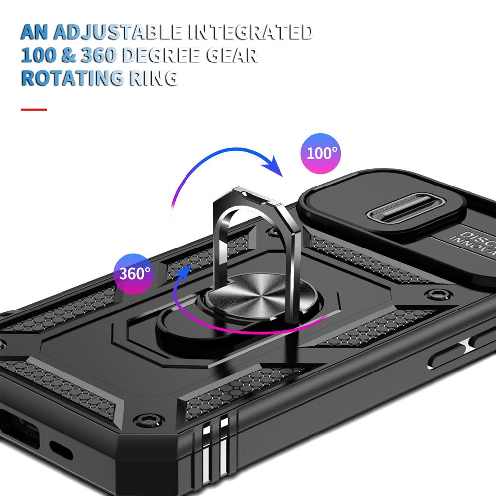 For iPhone 14 Plus Anti-fall PC+TPU Kickstand Function Phone Protector Sliding Camera Lens Cover Design Case with Card Slot