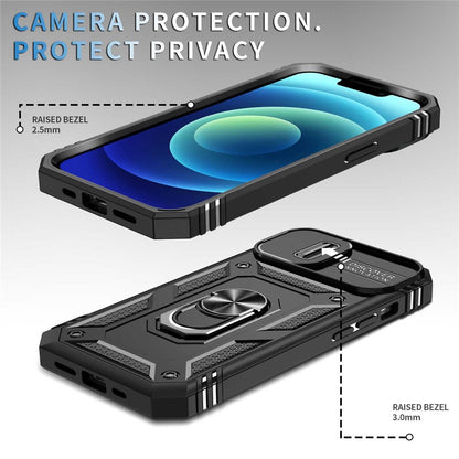 For iPhone 14 Plus Anti-fall PC+TPU Kickstand Function Phone Protector Sliding Camera Lens Cover Design Case with Card Slot