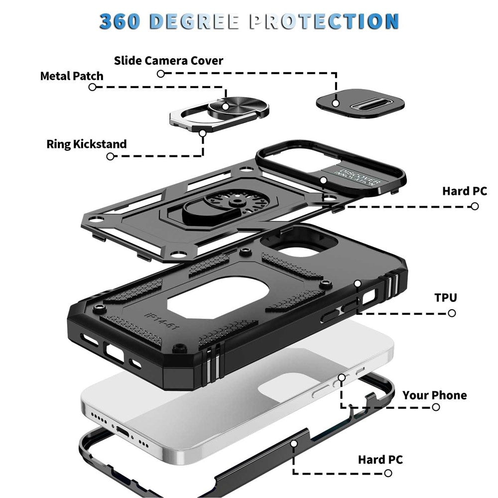 For iPhone 14 Plus Anti-fall PC+TPU Kickstand Function Phone Protector Sliding Camera Lens Cover Design Case with Card Slot