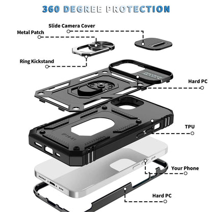 For iPhone 14 Plus Anti-fall PC+TPU Kickstand Function Phone Protector Sliding Camera Lens Cover Design Case with Card Slot