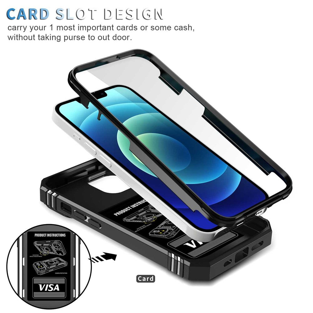 For iPhone 14 Plus Anti-fall PC+TPU Kickstand Function Phone Protector Sliding Camera Lens Cover Design Case with Card Slot