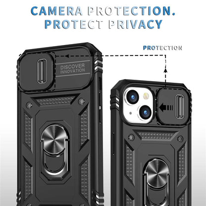 For iPhone 14 Plus Anti-fall PC+TPU Kickstand Function Phone Protector Sliding Camera Lens Cover Design Case with Card Slot