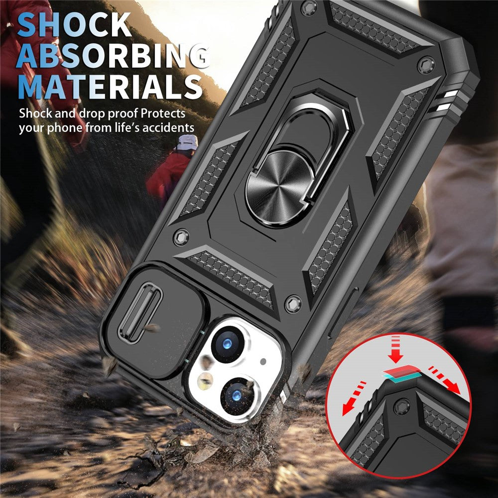 For iPhone 14 Plus Anti-fall PC+TPU Kickstand Function Phone Protector Sliding Camera Lens Cover Design Case with Card Slot