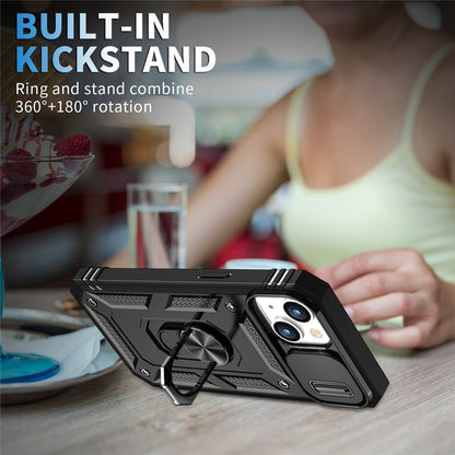 For iPhone 14 Plus Anti-fall PC+TPU Kickstand Function Phone Protector Sliding Camera Lens Cover Design Case with Card Slot