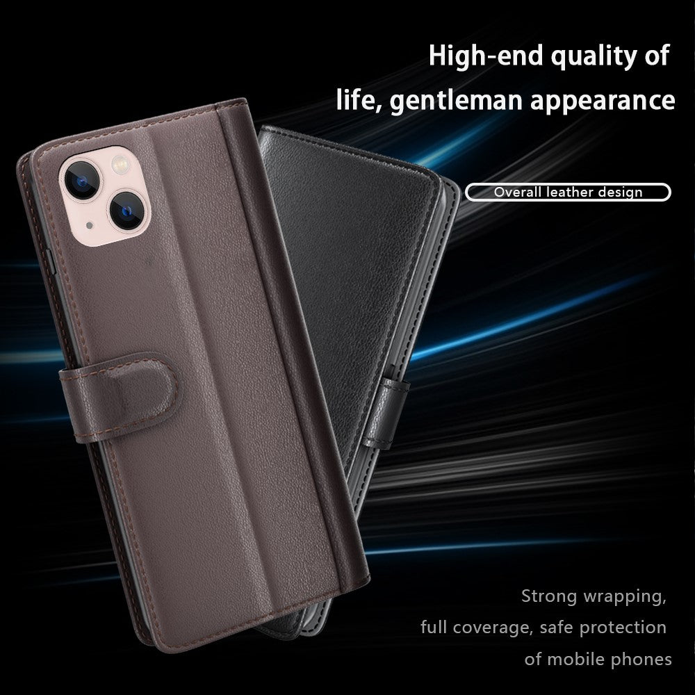 For iPhone 14 Plus Case Genuine Split Leather Phone Cover with Wallet Stand