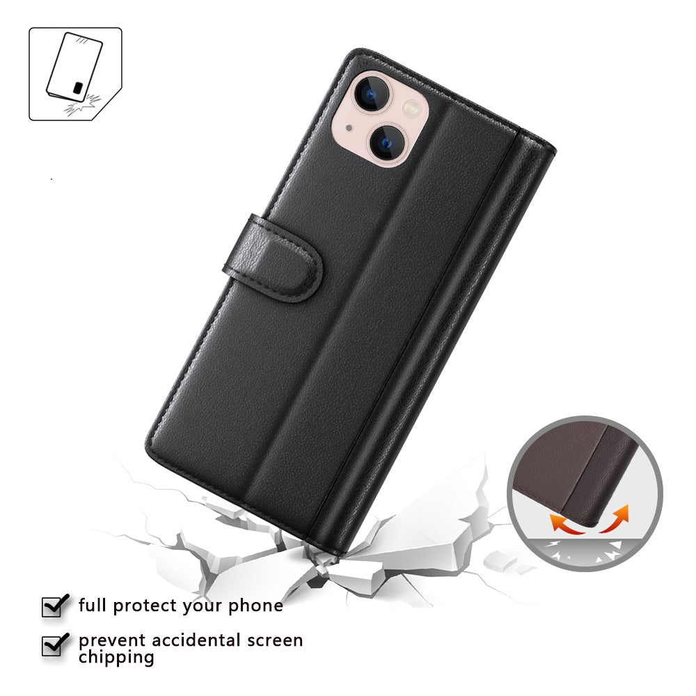 For iPhone 14 Plus Case Genuine Split Leather Phone Cover with Wallet Stand