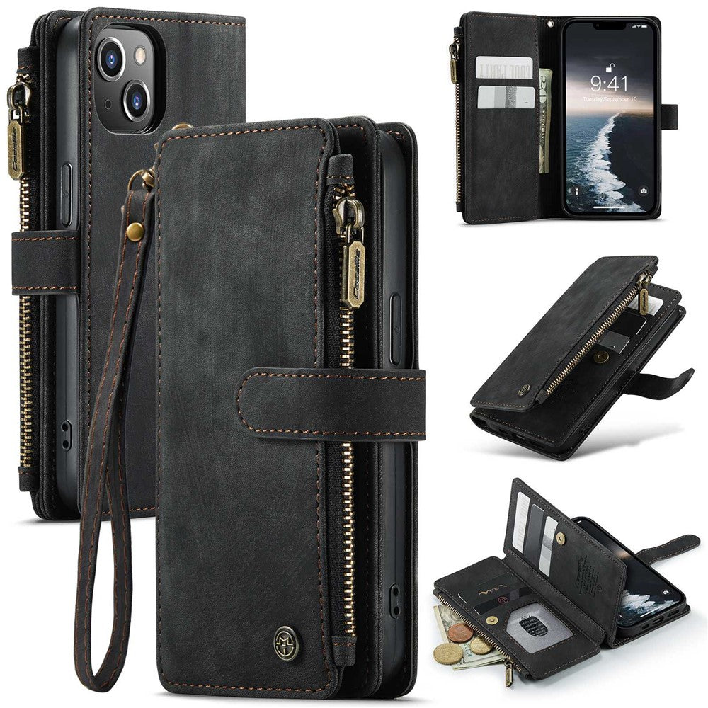 CASEME C30 Series Multiple Card Slots Case for iPhone 14 6.1 inch, Zipper Pocket Wallet PU Leather Stand Phone Cover with Strap