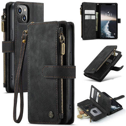 CASEME C30 Series Multiple Card Slots Case for iPhone 14 6.1 inch, Zipper Pocket Wallet PU Leather Stand Phone Cover with Strap