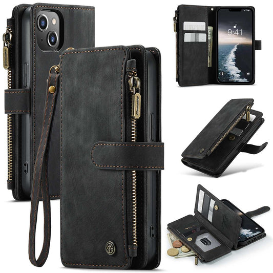 CASEME C30 Series Multiple Card Slots Case for iPhone 14 6.1 inch, Zipper Pocket Wallet PU Leather Stand Phone Cover with Strap