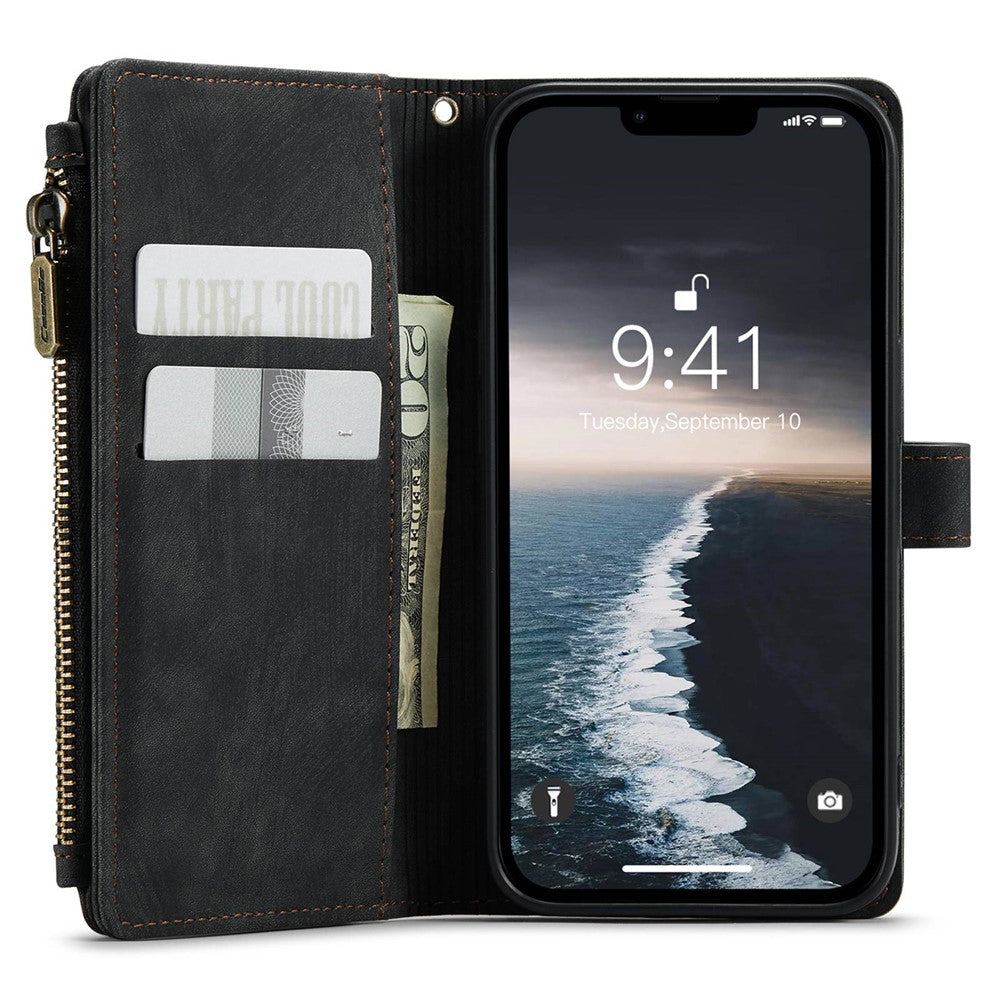 CASEME C30 Series Multiple Card Slots Case for iPhone 14 6.1 inch, Zipper Pocket Wallet PU Leather Stand Phone Cover with Strap