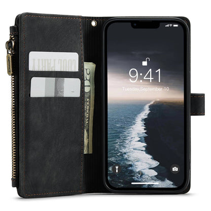 CASEME C30 Series Multiple Card Slots Case for iPhone 14 6.1 inch, Zipper Pocket Wallet PU Leather Stand Phone Cover with Strap