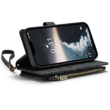 CASEME C30 Series Multiple Card Slots Case for iPhone 14 6.1 inch, Zipper Pocket Wallet PU Leather Stand Phone Cover with Strap