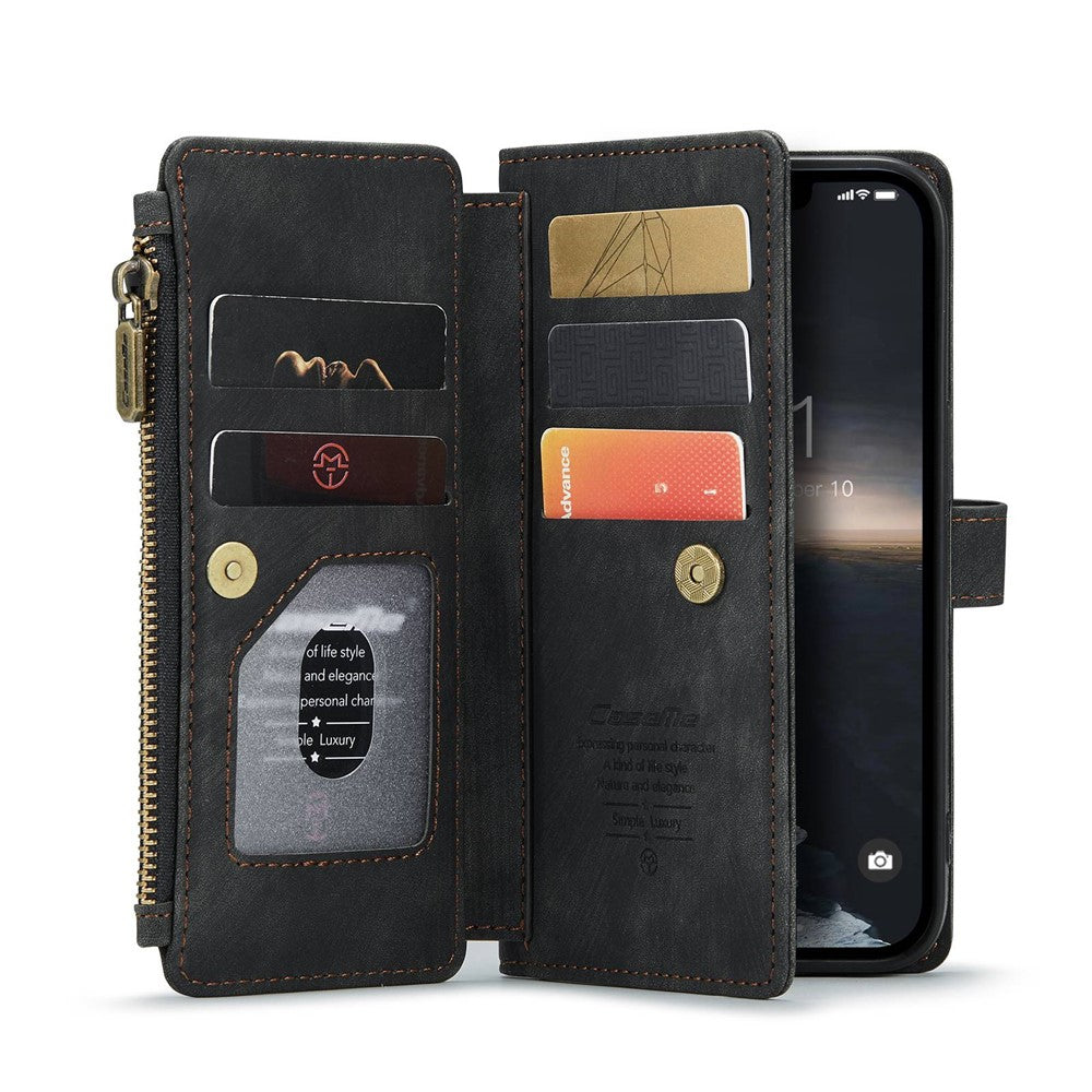 CASEME C30 Series Multiple Card Slots Case for iPhone 14 6.1 inch, Zipper Pocket Wallet PU Leather Stand Phone Cover with Strap