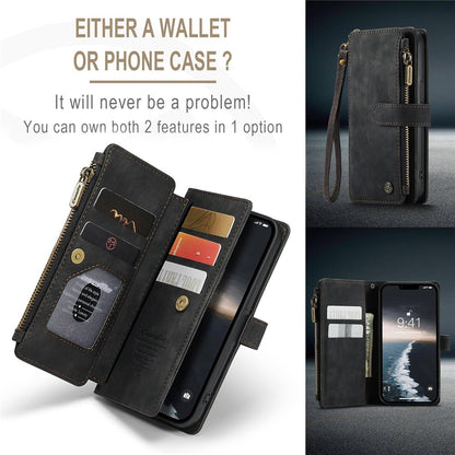 CASEME C30 Series Multiple Card Slots Case for iPhone 14 6.1 inch, Zipper Pocket Wallet PU Leather Stand Phone Cover with Strap