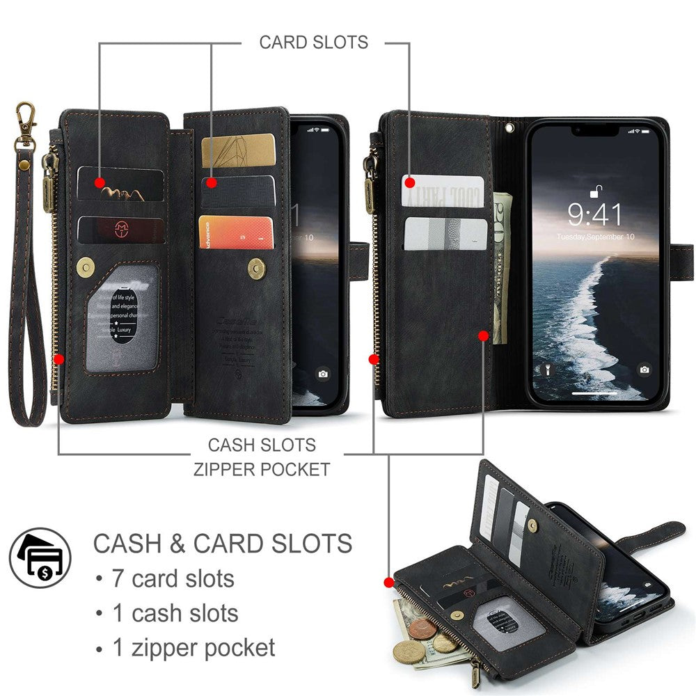 CASEME C30 Series Multiple Card Slots Case for iPhone 14 6.1 inch, Zipper Pocket Wallet PU Leather Stand Phone Cover with Strap
