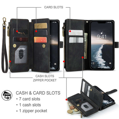 CASEME C30 Series Multiple Card Slots Case for iPhone 14 6.1 inch, Zipper Pocket Wallet PU Leather Stand Phone Cover with Strap
