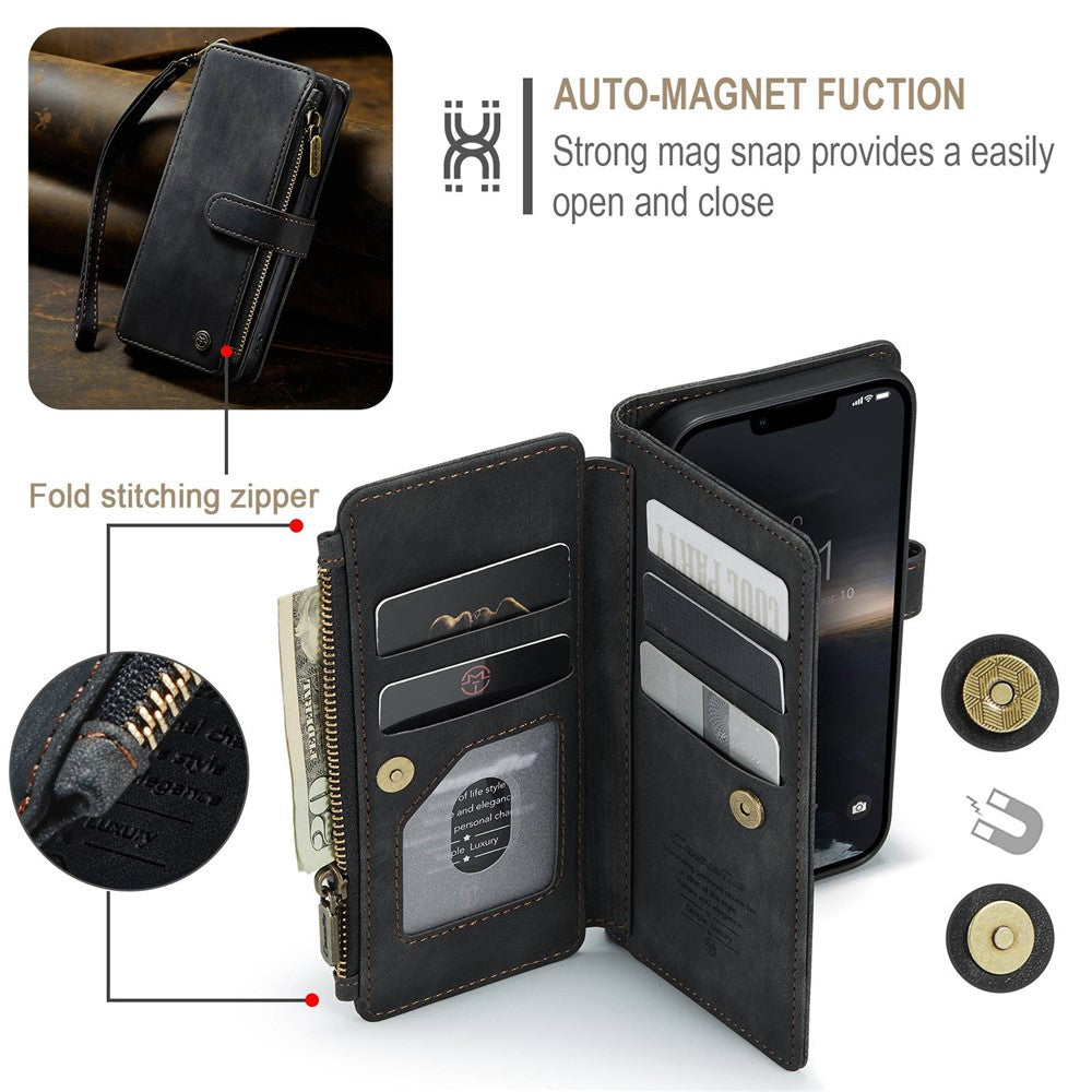 CASEME C30 Series Multiple Card Slots Case for iPhone 14 6.1 inch, Zipper Pocket Wallet PU Leather Stand Phone Cover with Strap