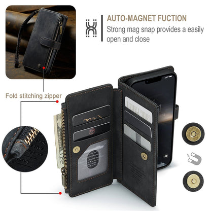 CASEME C30 Series Multiple Card Slots Case for iPhone 14 6.1 inch, Zipper Pocket Wallet PU Leather Stand Phone Cover with Strap