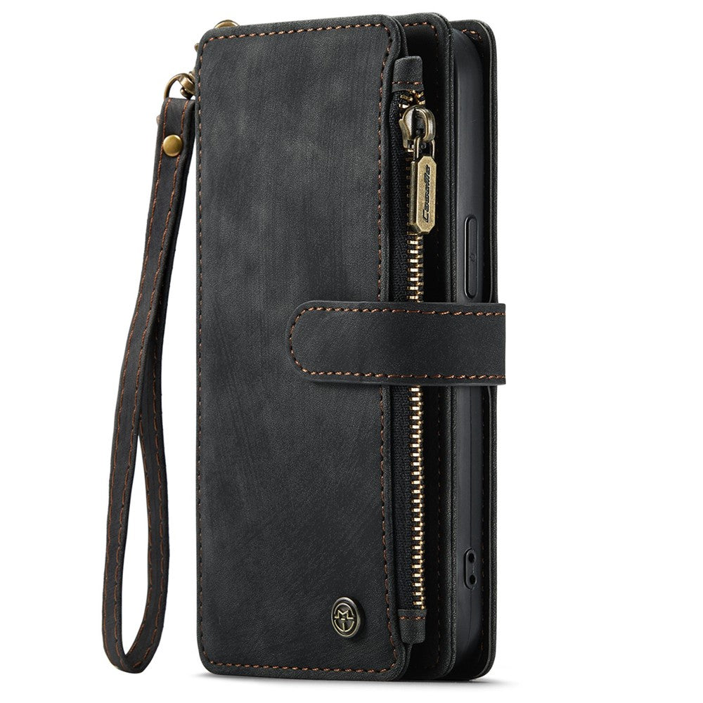 CASEME C30 Series Multiple Card Slots Case for iPhone 14 6.1 inch, Zipper Pocket Wallet PU Leather Stand Phone Cover with Strap