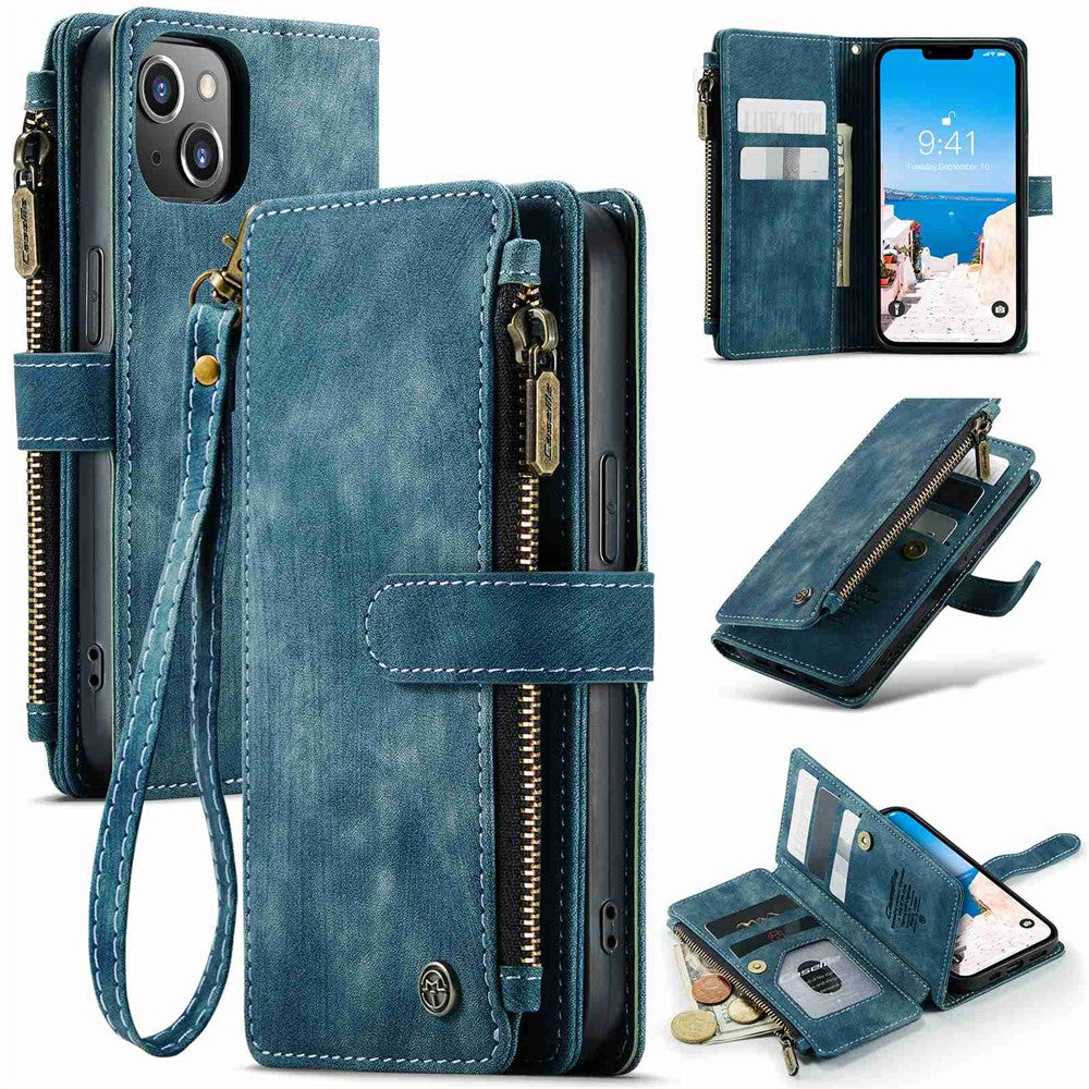 CASEME C30 Series Multiple Card Slots Case for iPhone 14 6.1 inch, Zipper Pocket Wallet PU Leather Stand Phone Cover with Strap