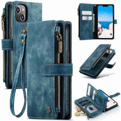 CASEME C30 Series Multiple Card Slots Case for iPhone 14 6.1 inch, Zipper Pocket Wallet PU Leather Stand Phone Cover with Strap