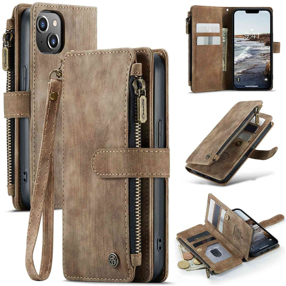 CASEME C30 Series Multiple Card Slots Case for iPhone 14 6.1 inch, Zipper Pocket Wallet PU Leather Stand Phone Cover with Strap