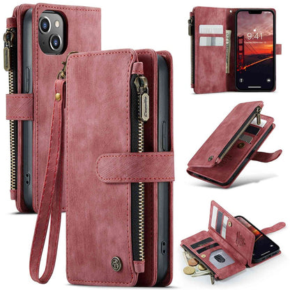 CASEME C30 Series Multiple Card Slots Case for iPhone 14 6.1 inch, Zipper Pocket Wallet PU Leather Stand Phone Cover with Strap