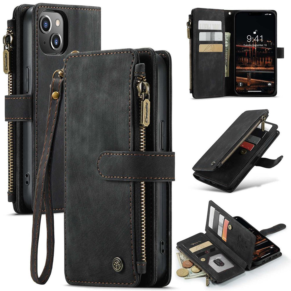 For iPhone 14 Plus Phone Cases with Strap CASEME C30 Zipper Multiple Card Holder PU Leather Cover