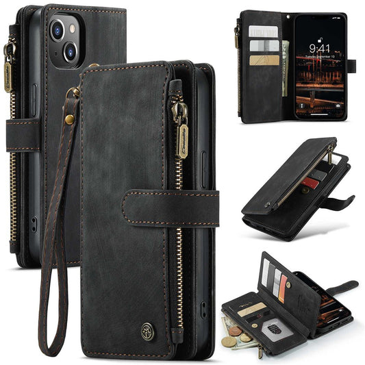 For iPhone 14 Plus Phone Cases with Strap CASEME C30 Zipper Multiple Card Holder PU Leather Cover