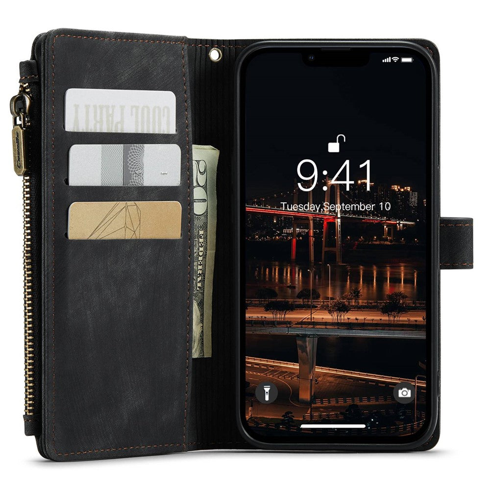 For iPhone 14 Plus Phone Cases with Strap CASEME C30 Zipper Multiple Card Holder PU Leather Cover
