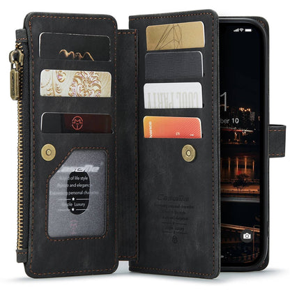 For iPhone 14 Plus Phone Cases with Strap CASEME C30 Zipper Multiple Card Holder PU Leather Cover