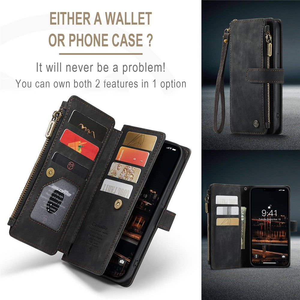 For iPhone 14 Plus Phone Cases with Strap CASEME C30 Zipper Multiple Card Holder PU Leather Cover