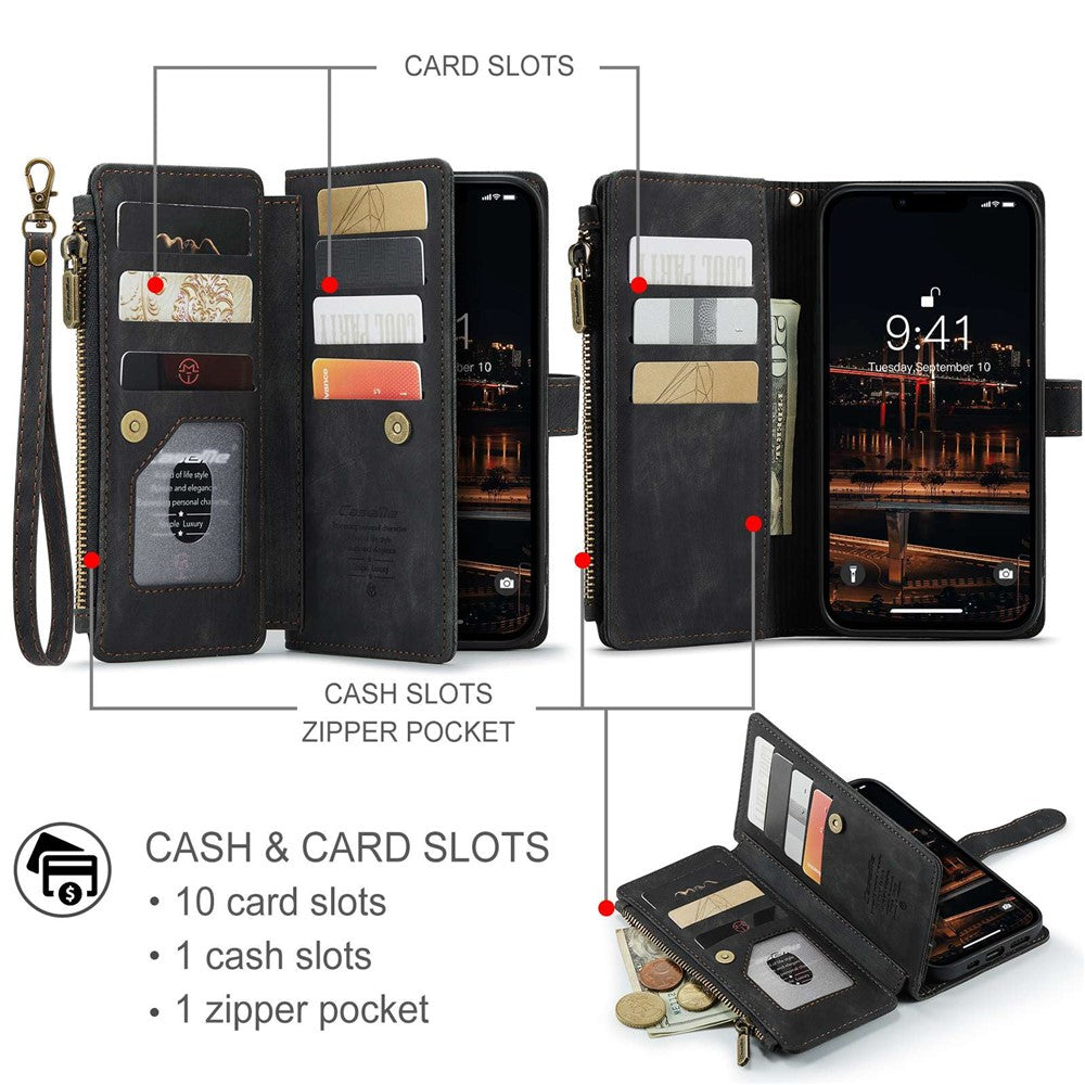 For iPhone 14 Plus Phone Cases with Strap CASEME C30 Zipper Multiple Card Holder PU Leather Cover