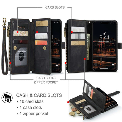 For iPhone 14 Plus Phone Cases with Strap CASEME C30 Zipper Multiple Card Holder PU Leather Cover