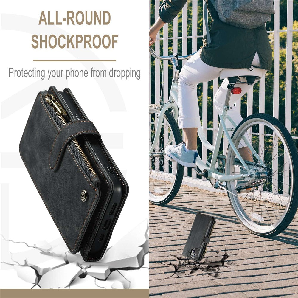For iPhone 14 Plus Phone Cases with Strap CASEME C30 Zipper Multiple Card Holder PU Leather Cover