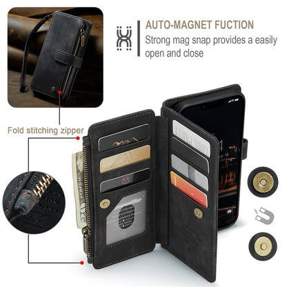 For iPhone 14 Plus Phone Cases with Strap CASEME C30 Zipper Multiple Card Holder PU Leather Cover