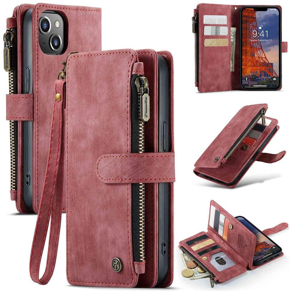 For iPhone 14 Plus Phone Cases with Strap CASEME C30 Zipper Multiple Card Holder PU Leather Cover