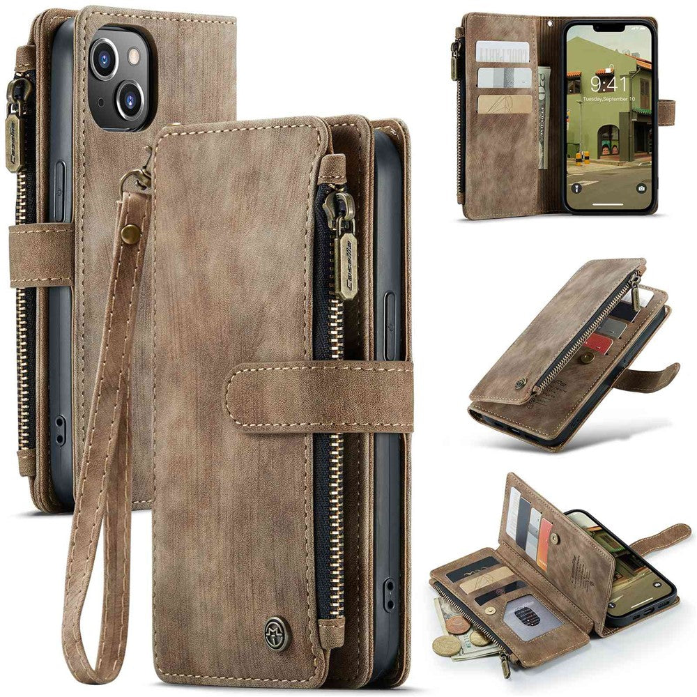 For iPhone 14 Plus Phone Cases with Strap CASEME C30 Zipper Multiple Card Holder PU Leather Cover
