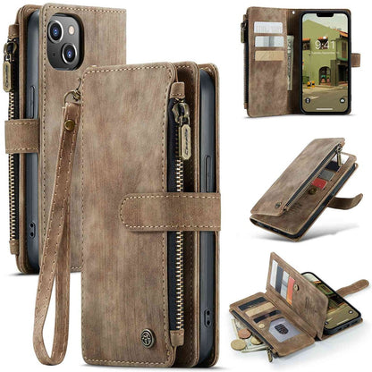 For iPhone 14 Plus Phone Cases with Strap CASEME C30 Zipper Multiple Card Holder PU Leather Cover