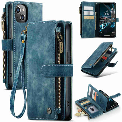 For iPhone 14 Plus Phone Cases with Strap CASEME C30 Zipper Multiple Card Holder PU Leather Cover