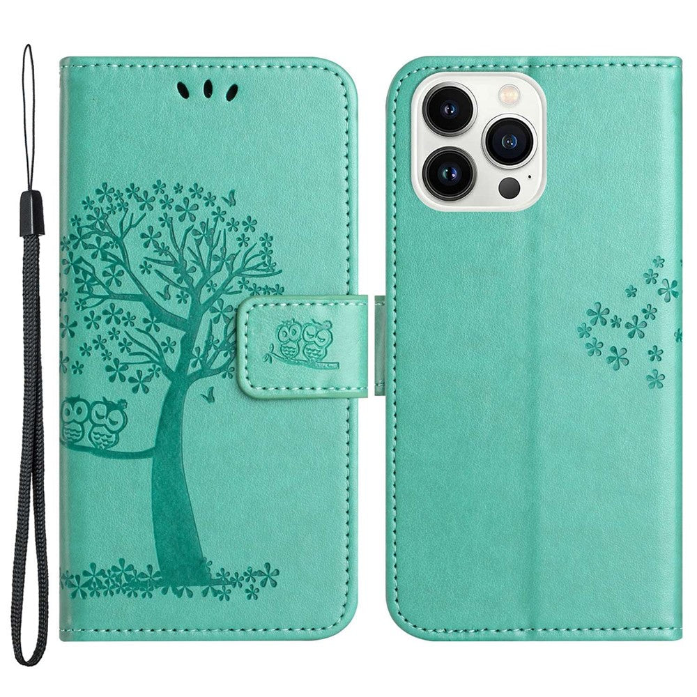 For iPhone 14 Pro Max 6.7 inch Shockproof Phone Case Imprinted Owl Tree Pattern PU Leather Wallet Cover Stand with Wrist Strap