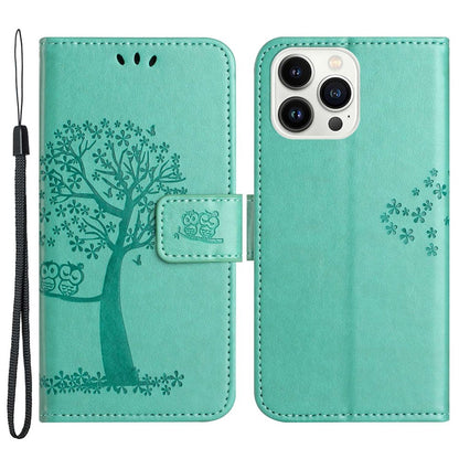 For iPhone 14 Pro Max 6.7 inch Shockproof Phone Case Imprinted Owl Tree Pattern PU Leather Wallet Cover Stand with Wrist Strap
