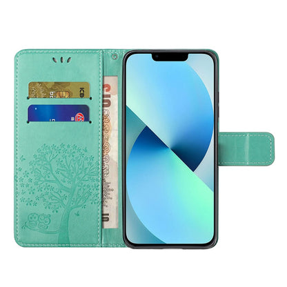 For iPhone 14 Pro Max 6.7 inch Shockproof Phone Case Imprinted Owl Tree Pattern PU Leather Wallet Cover Stand with Wrist Strap