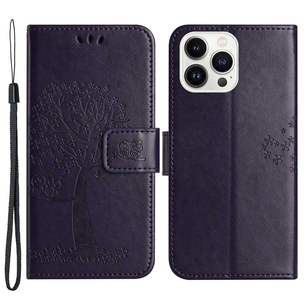 For iPhone 14 Pro Max 6.7 inch Shockproof Phone Case Imprinted Owl Tree Pattern PU Leather Wallet Cover Stand with Wrist Strap