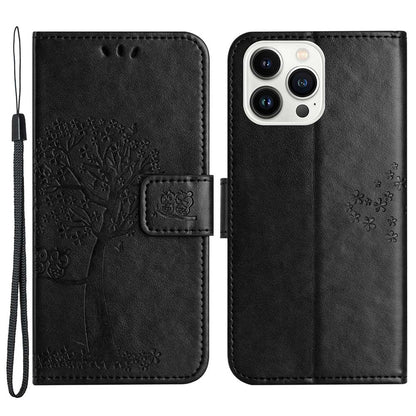 For iPhone 14 Pro Max 6.7 inch Shockproof Phone Case Imprinted Owl Tree Pattern PU Leather Wallet Cover Stand with Wrist Strap