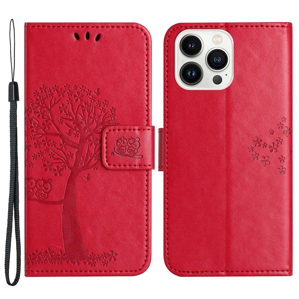 For iPhone 14 Pro Max 6.7 inch Shockproof Phone Case Imprinted Owl Tree Pattern PU Leather Wallet Cover Stand with Wrist Strap