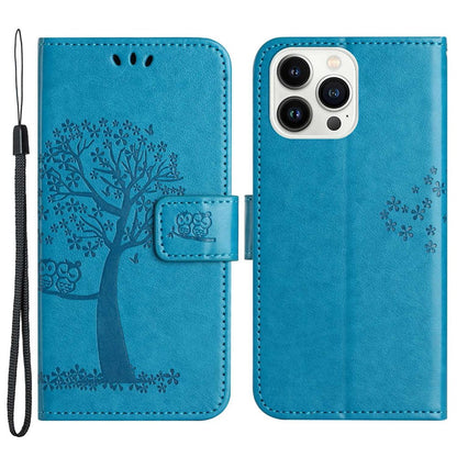 For iPhone 14 Pro Max 6.7 inch Shockproof Phone Case Imprinted Owl Tree Pattern PU Leather Wallet Cover Stand with Wrist Strap